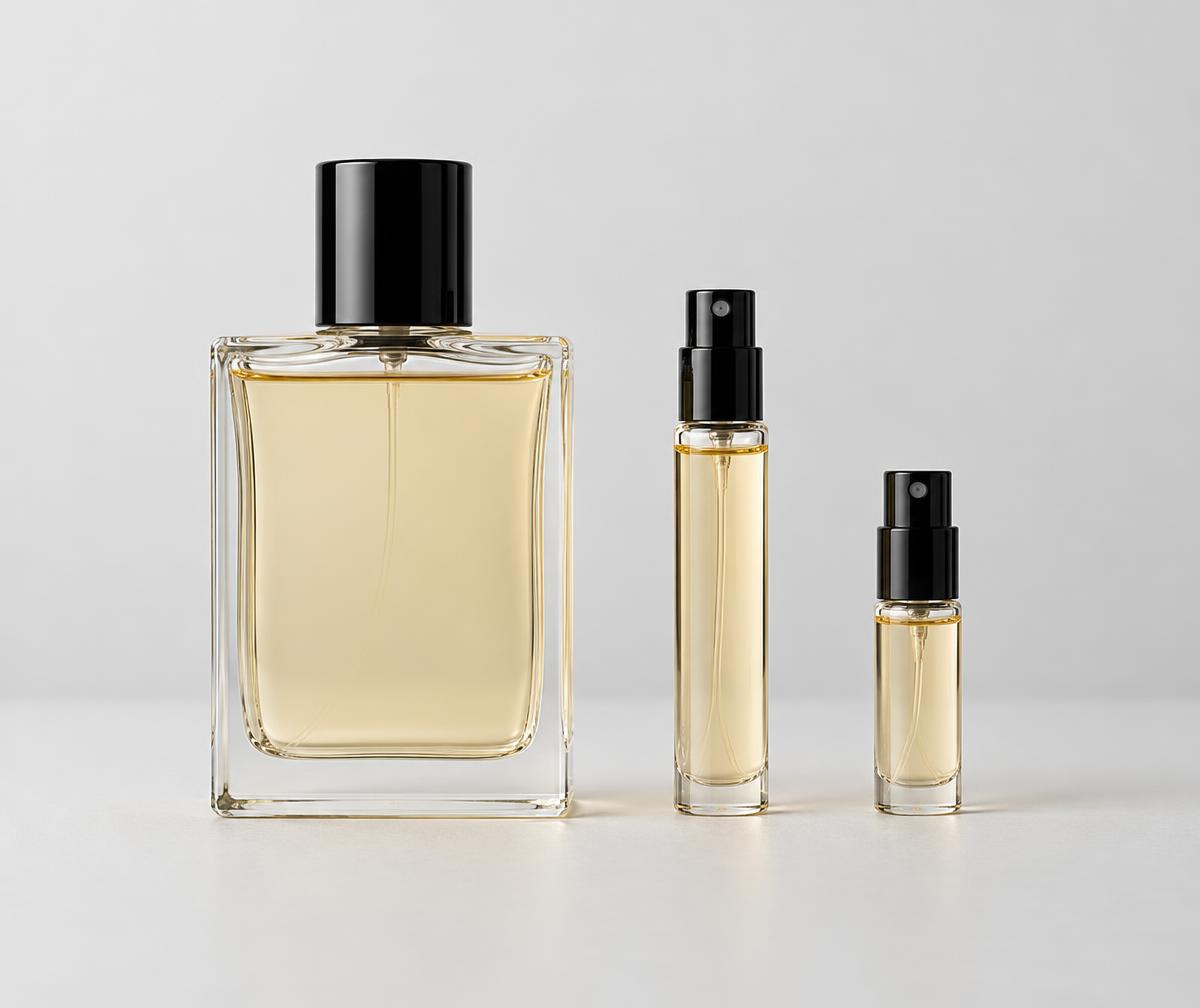 Comparación ilustrativa: frasco de perfume, atomizador de 10 ml y atomizador de 5 ml