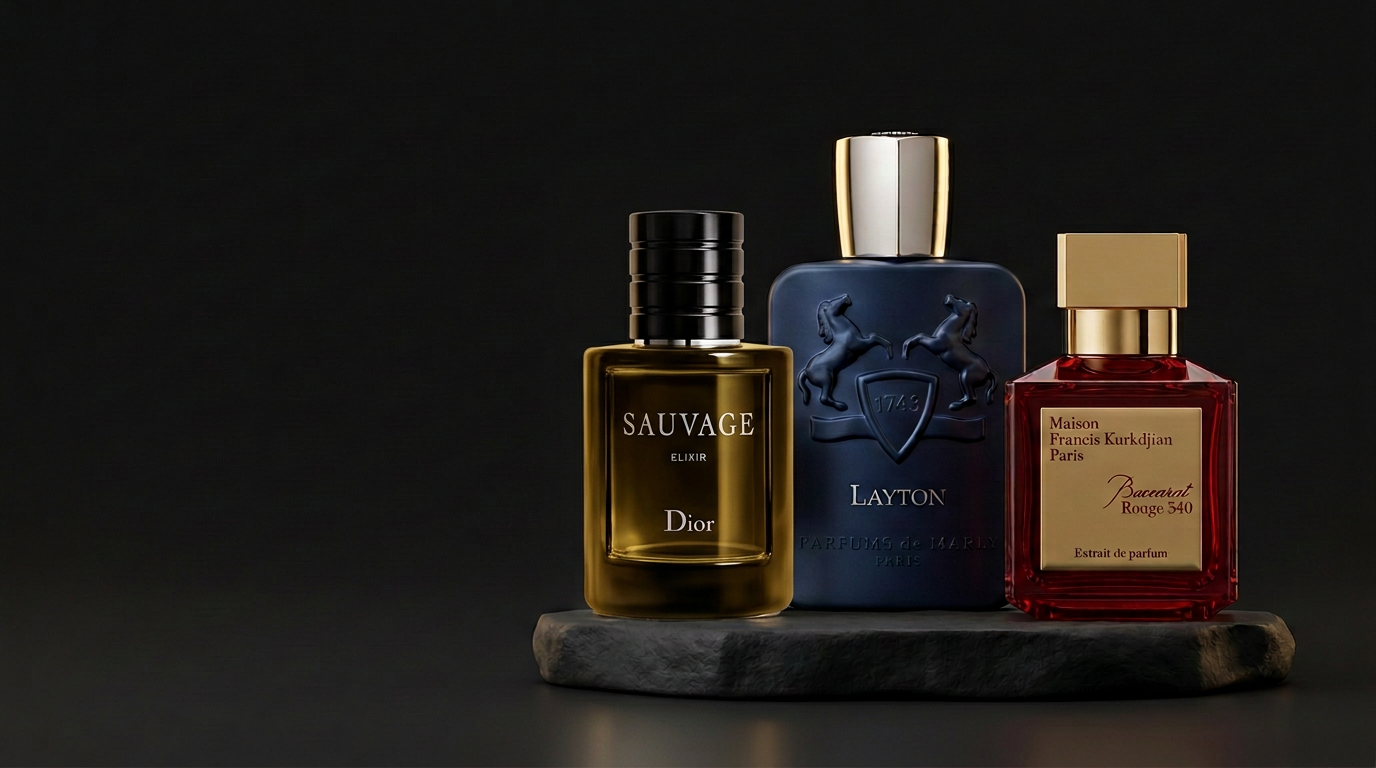Sauvage Elixir, Layton y Baccarat Rouge 540 en una composición editorial